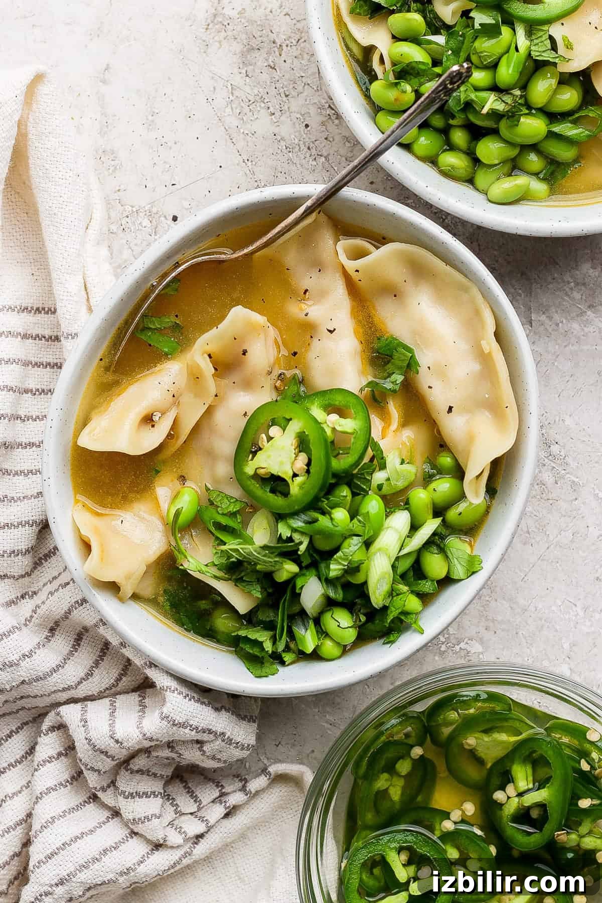 Zesty Lemon Wonton Soup Recipe 5 A bowl of dumpling soup garnished with sliced jalapeños, chopped green onions, and cilantro, with a side of edamame.