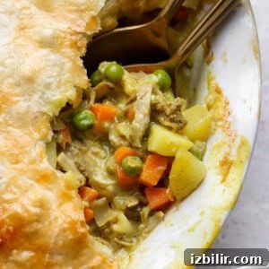 Curried Chicken Pot Pie Recipe with Flaky Crust 5 A close-up of a pot pie with a golden crust, showing a filling of chicken, peas, carrots, and potatoes, with two spoons partially inside.