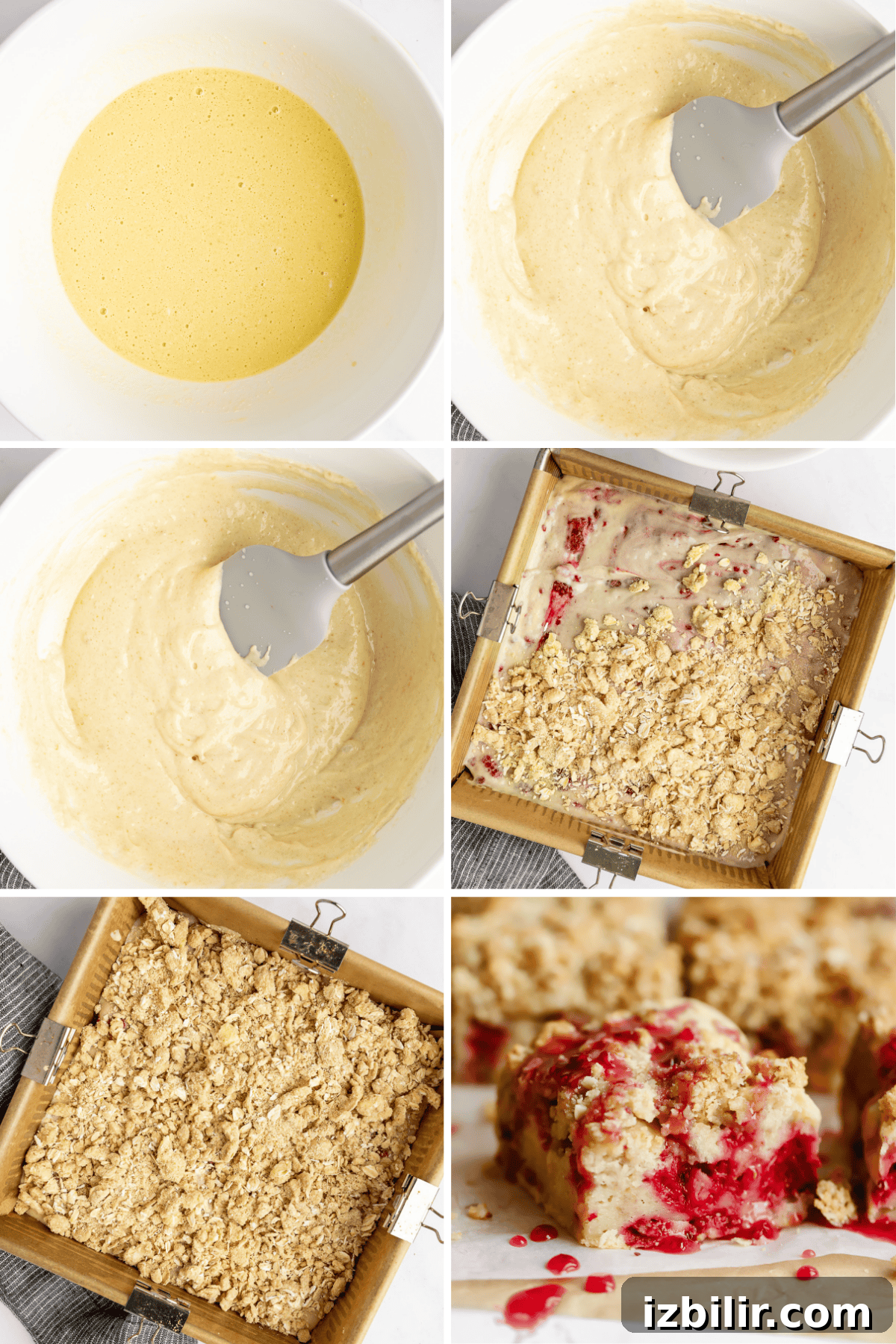 Collage of six images showing steps to make a crumb cake with raspberry filling, from batter preparation to final baked and sliced dessert.