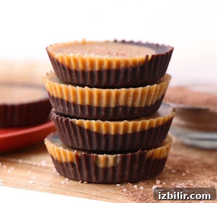 Low-Sugar Peanut Butter Cups Recipe 2 Stack of peanut butter cups