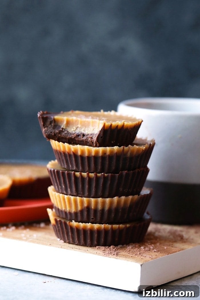 Low-Sugar Peanut Butter Cups Recipe 5 Stack of 5 homemade peanut butter cups