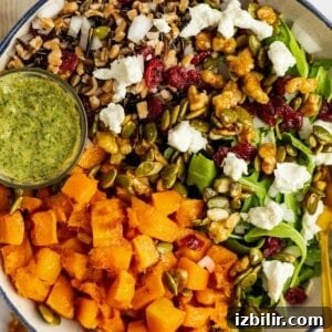 A bowl with spinach, wild rice, roasted butternut squash, walnuts, pepitas, cranberries, and feta cheese, served with a small container of pesto dressing.