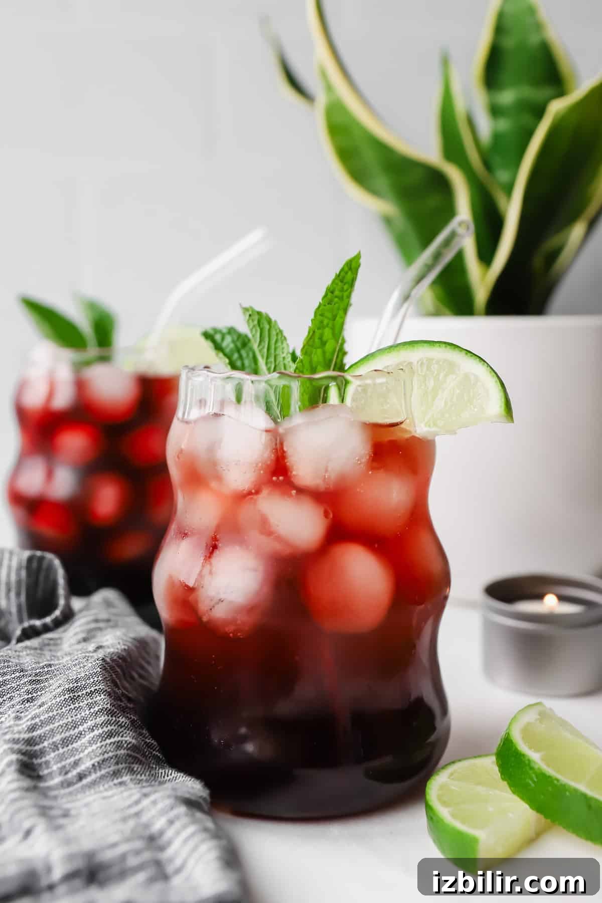 Sleepy Girl Mocktail Recipe: Soothing Caffeine-Free Nightcap 2 Two glasses of iced tea garnished with lime wedges and mint leaves. A potted plant and sliced limes are in the background.