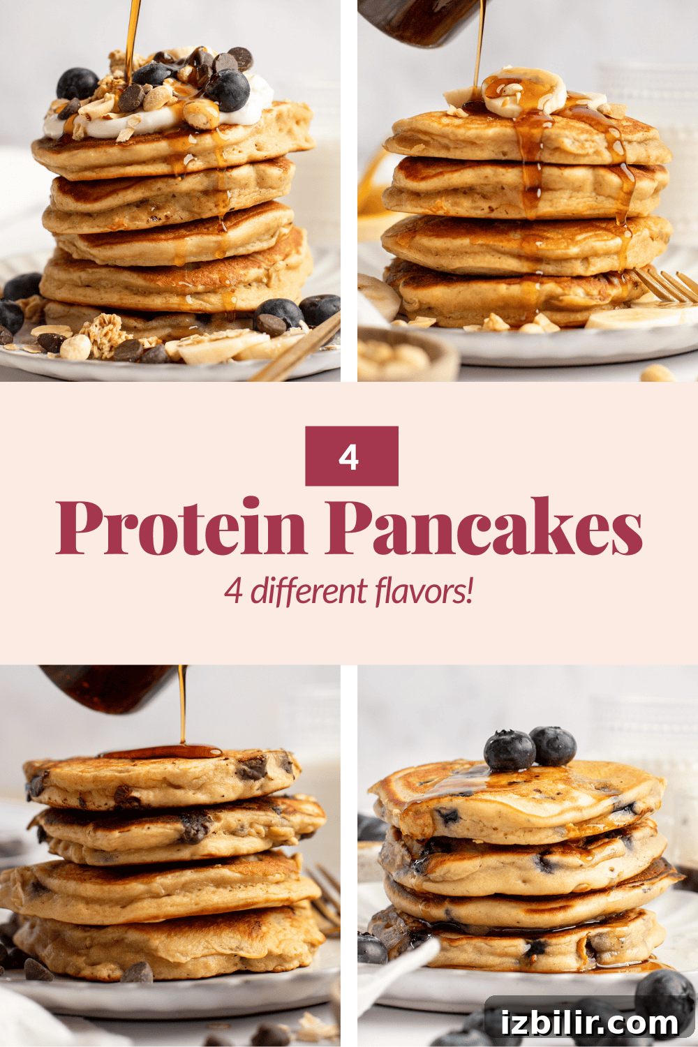 A collage of four protein pancake stacks with syrup and various toppings like berries and nuts, labeled "4 Protein Pancakes, 4 different flavors!"