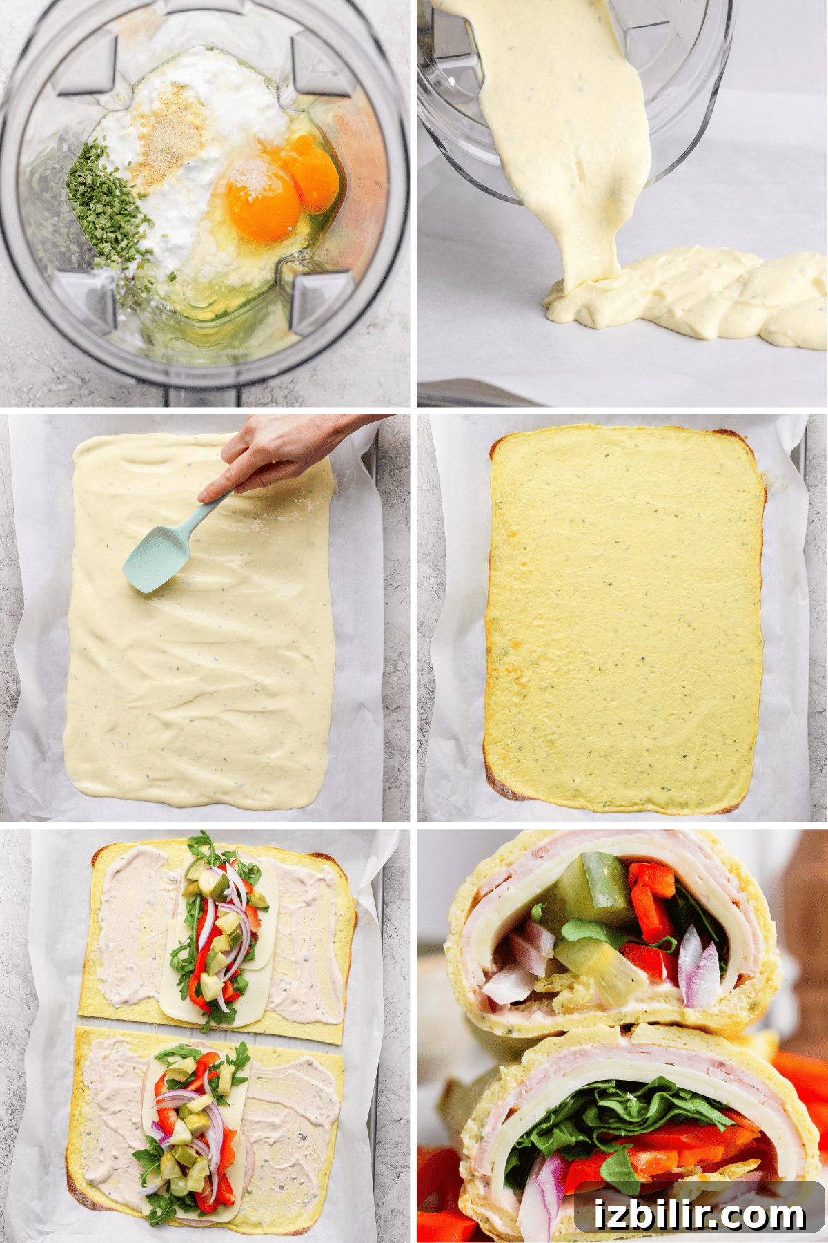 Protein-Packed Cottage Cheese Wraps Recipe 3 Steps of making a sandwich wrap: blend batter ingredients; spread on a baking sheet; bake to create a flatbread; add fillings; roll up the wrap; wrap cut in half showing layers.