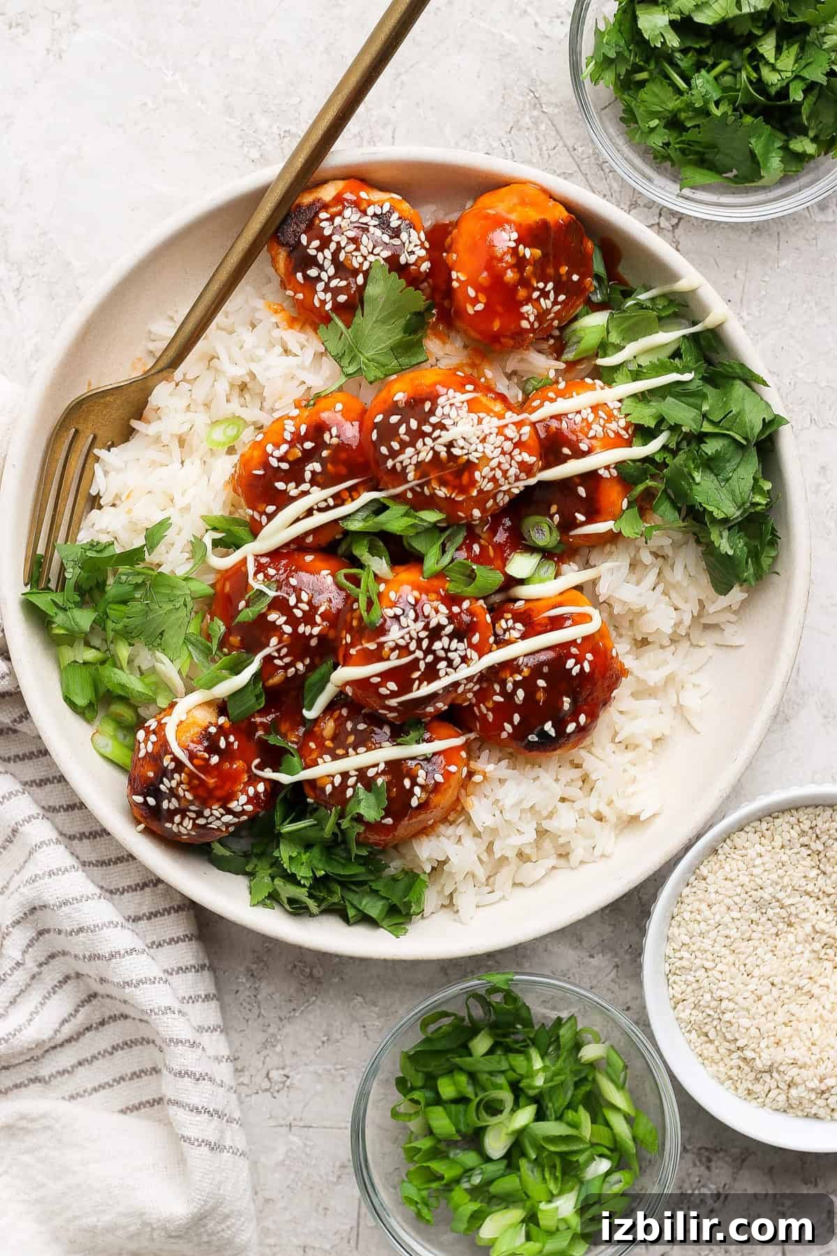 Sesame Ginger Salmon Meatballs with Sticky BBQ Glaze 2 A plate with rice, saucy meatballs topped with sesame seeds and green onions, garnished with cilantro. Accompanied by small bowls of sesame seeds, green onions, and cilantro.