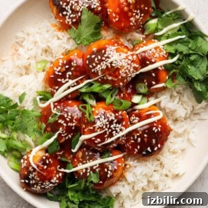 Sesame Ginger Salmon Meatballs with Sticky BBQ Glaze 7 A plate of rice topped with glazed meatballs, sesame seeds, green onions, drizzled sauce, and fresh cilantro.