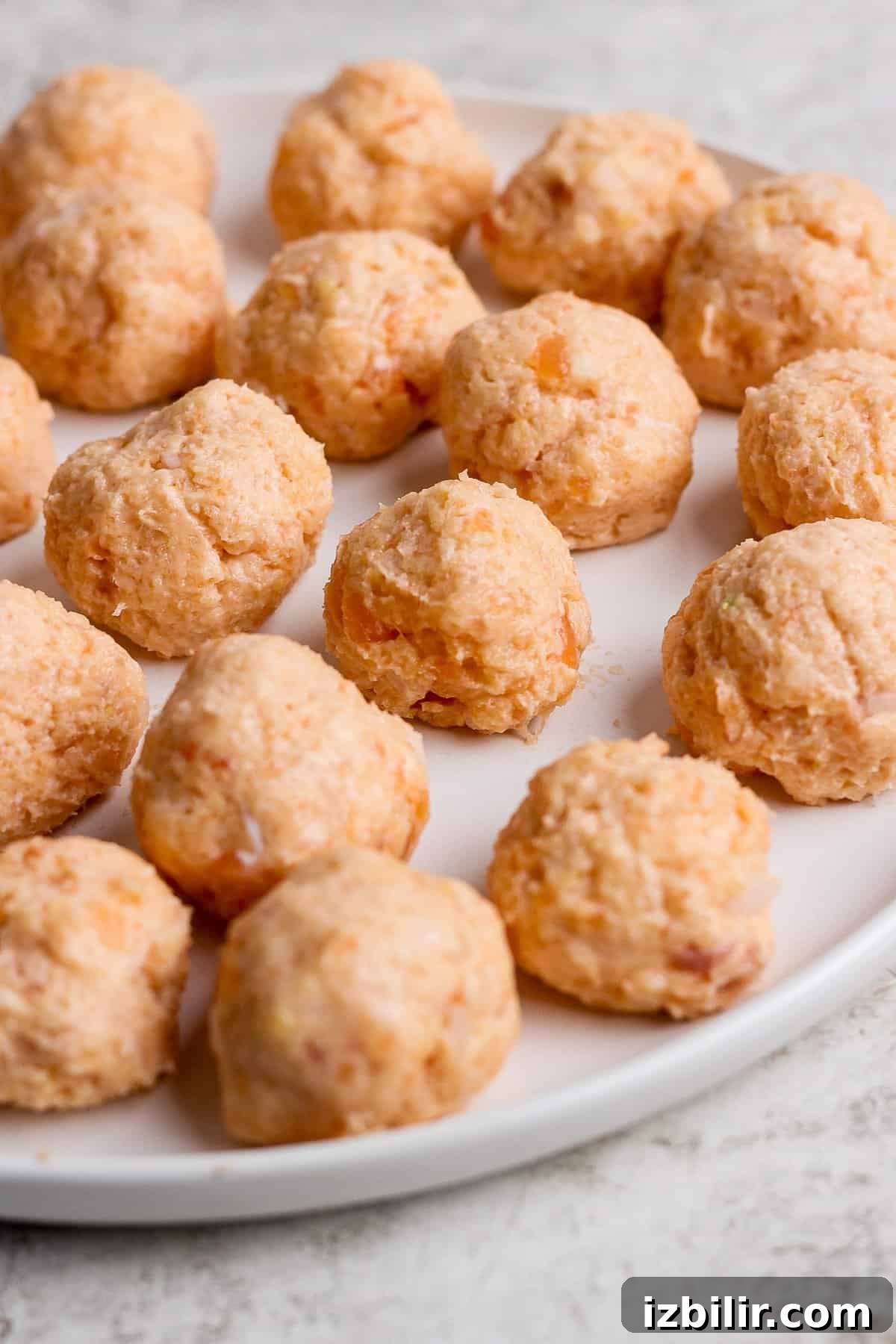 Sesame Ginger Salmon Meatballs with Sticky BBQ Glaze 6 A plate of uncooked salmon balls arranged in rows on a white surface.