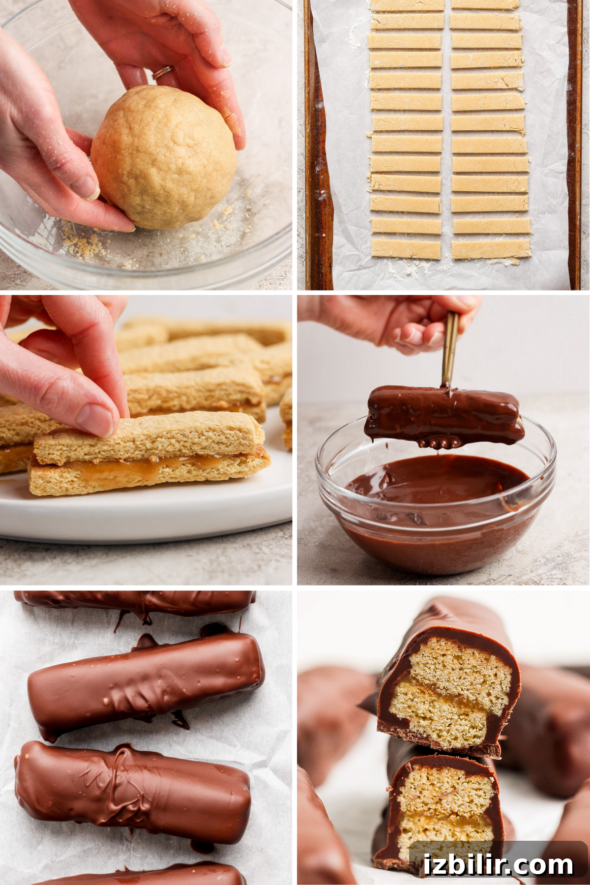 High-Protein Peanut Butter Twix Bars Recipe 4 A step-by-step process of making chocolate-covered cookie bars, from dough preparation to the final dipped cookies, sliced to reveal a biscuit interior.