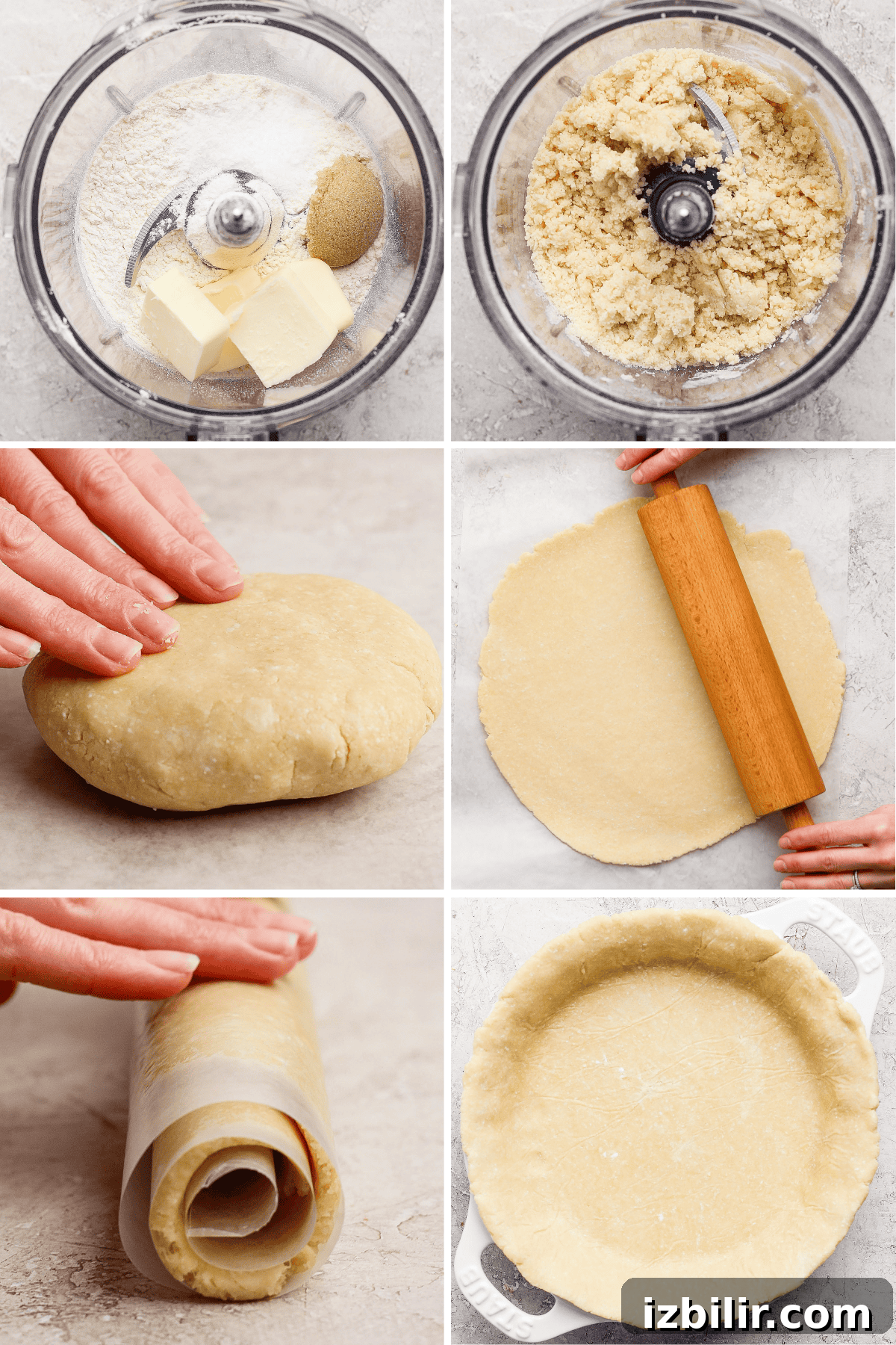 Protein Packed Pie Crust Recipe 4 Six-step process of making pie crust: ingredients in a food processor, blended dough, hand forming dough, rolling it out, rolling onto parchment, and placing in a pie dish.