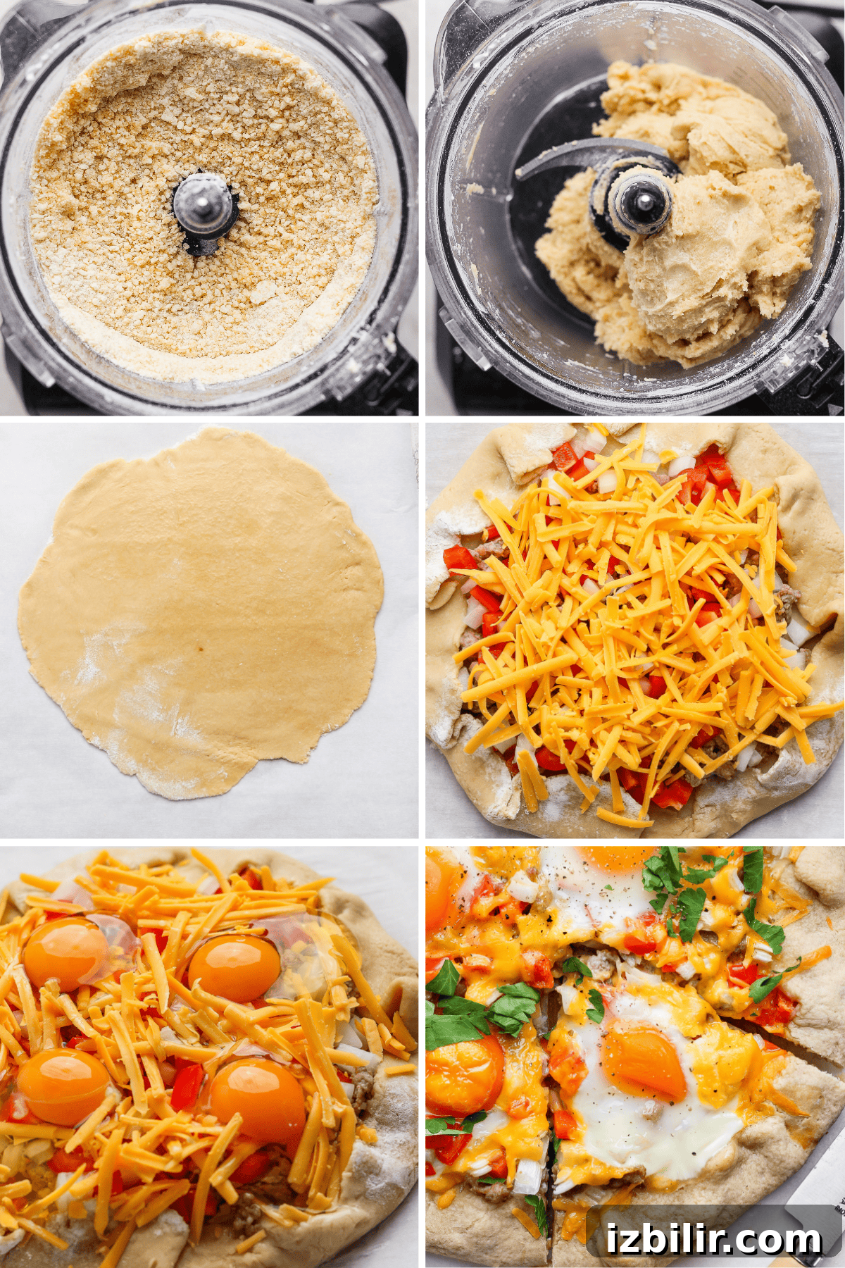 Six-panel image showing steps to make a breakfast pizza: dough in a processor, rolled dough, dough with cheese and toppings, raw eggs added, baked pizza, and a sliced piece with fresh toppings.