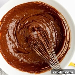 Bowl of chocolate batter with a whisk, surrounded by scattered chocolate chips and a banana.