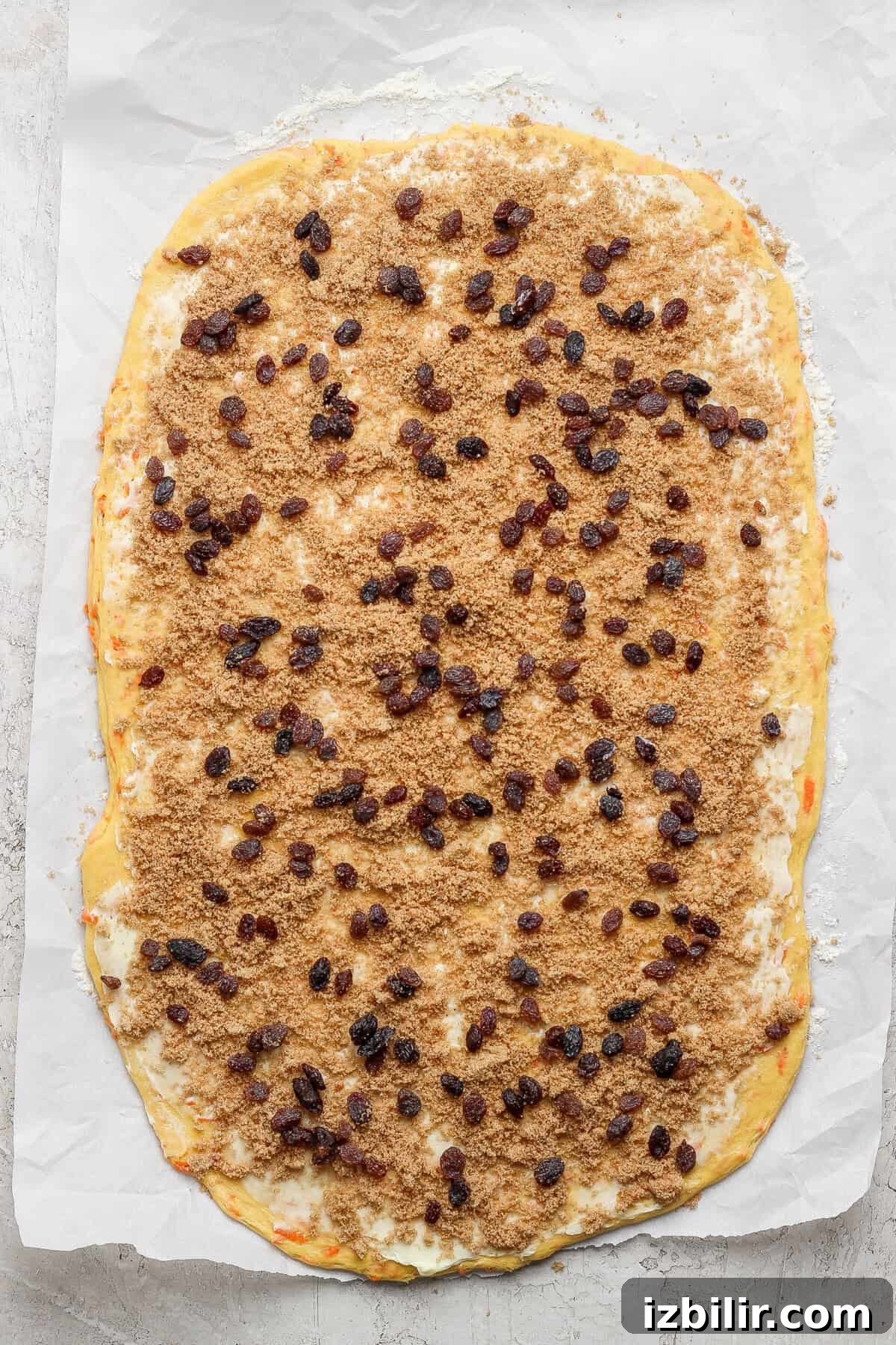 Carrot Cake Cinnamon Rolls Recipe with Cream Cheese Frosting 3 The rectangular dough on parchment paper, kissed with brown sugar and raisins, stands ready to be rolled into delightful carrot cake cinnamon rolls.
