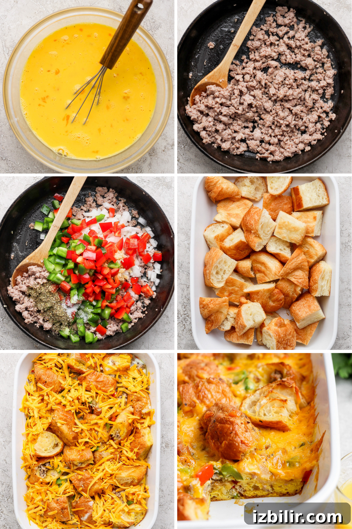 Step-by-step assembly of an egg, sausage, and vegetable casserole with bread cubes and cheese, before and after baking.