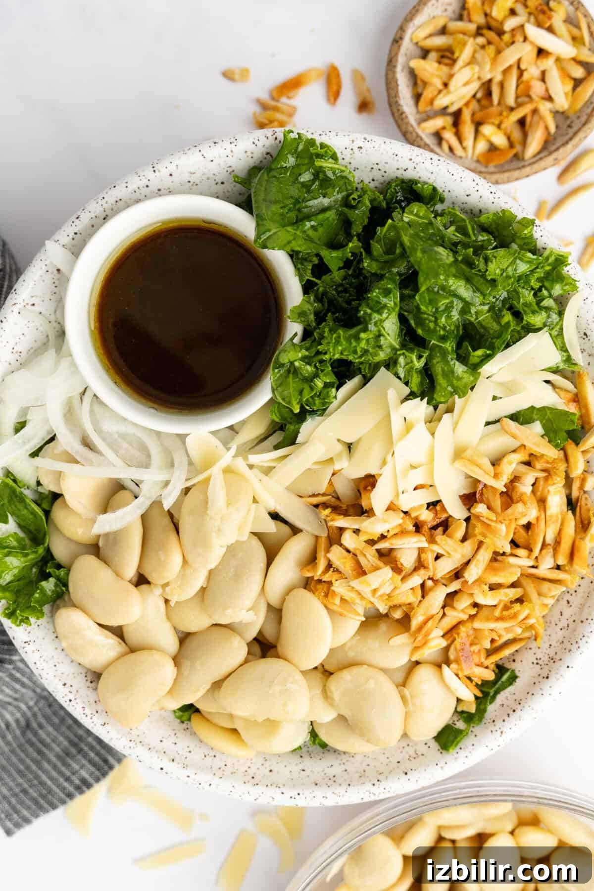 Salad bowl with chopped kale, white onions, butter beans, shaved cheese and toasted slivered almonds, served with a small bowl of dark dressing.