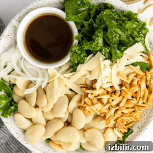 Plate with butter beans, sliced onions, kale, shaved cheese and toasted slivered almonds.