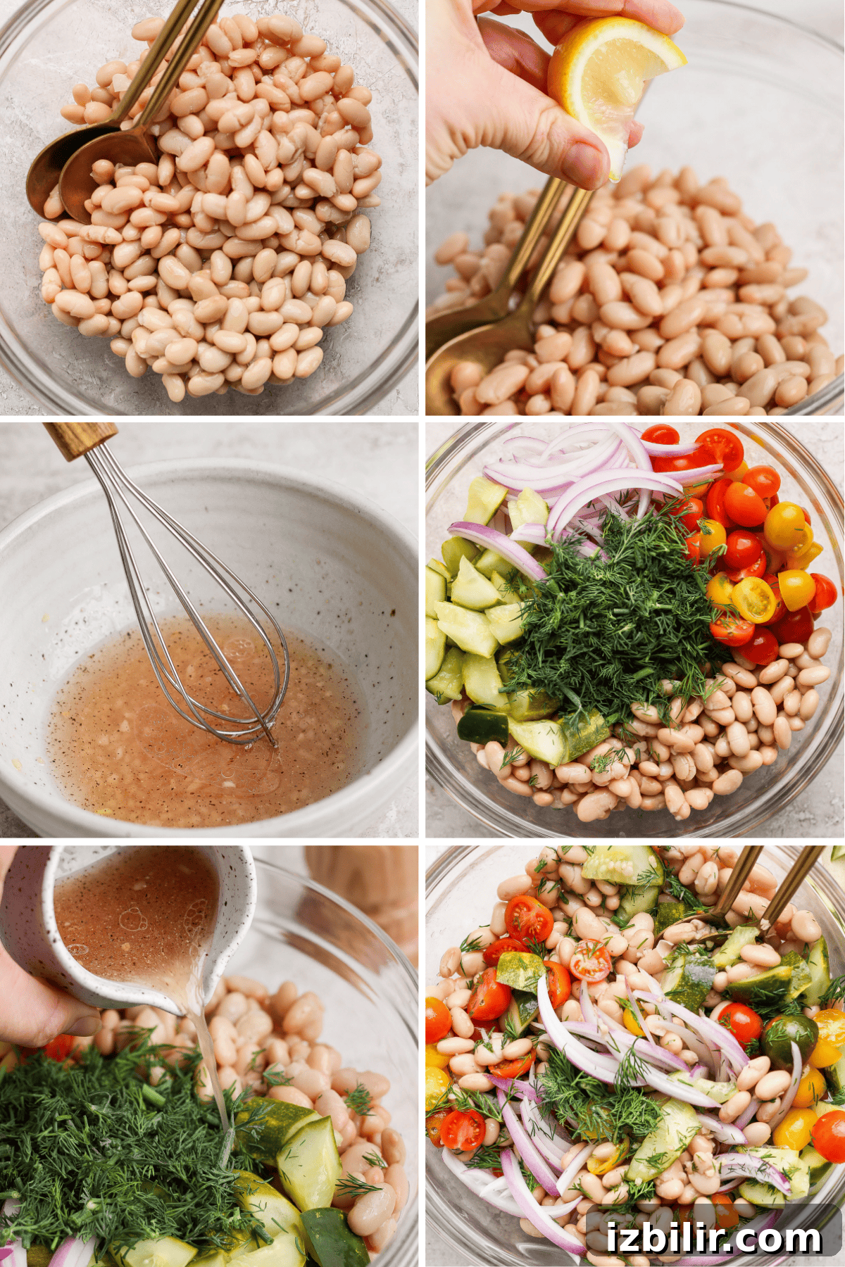 Six-panel image showing stages of making the salad: beans, lemon, whisking dressing, adding ingredients, dressing poured, finished salad.