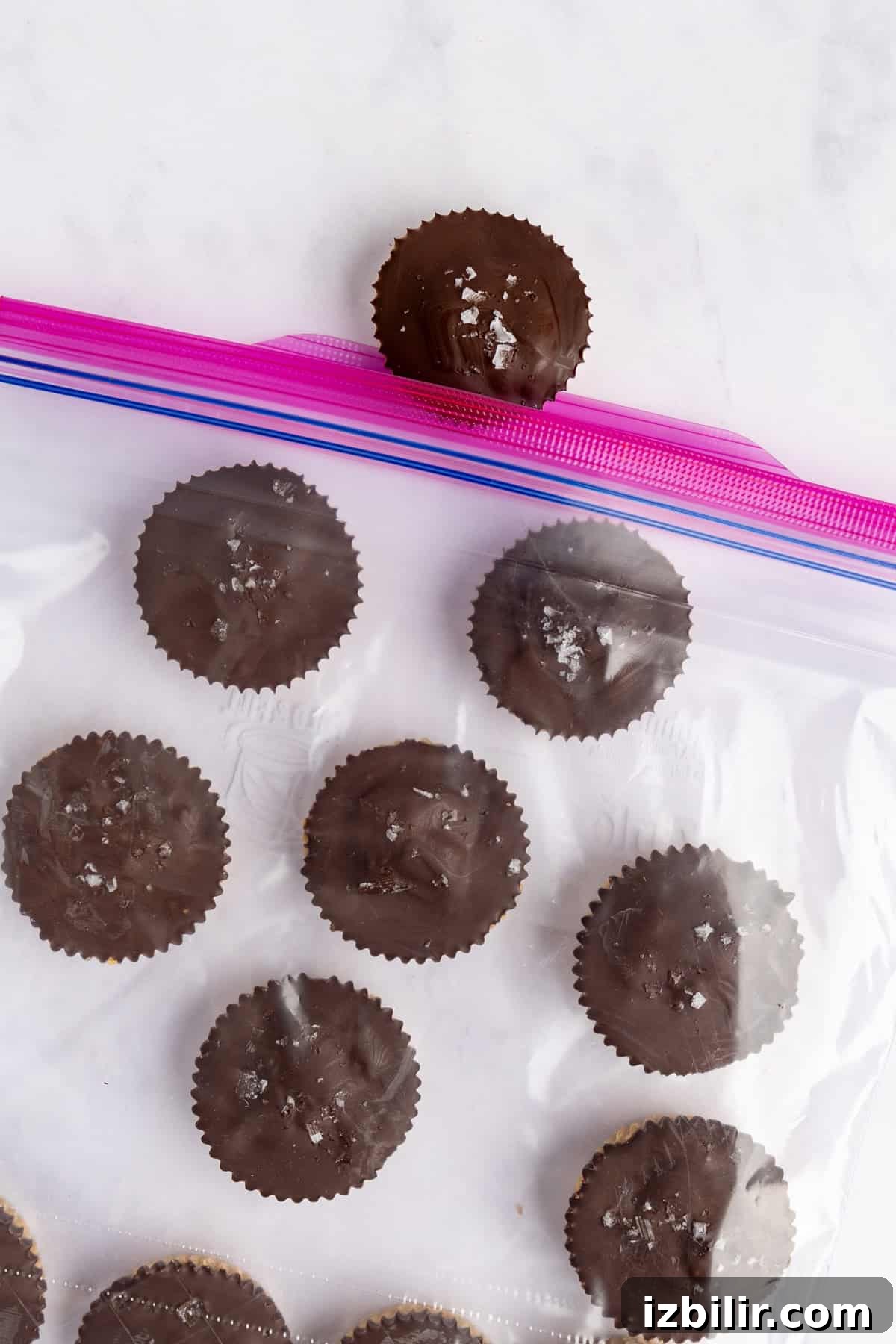 Peanut Butter and Jelly Protein Oatmeal Cups 5 Chocolate cups with sea salt on top are inside a transparent resealable bag, with one cup placed above the bag.