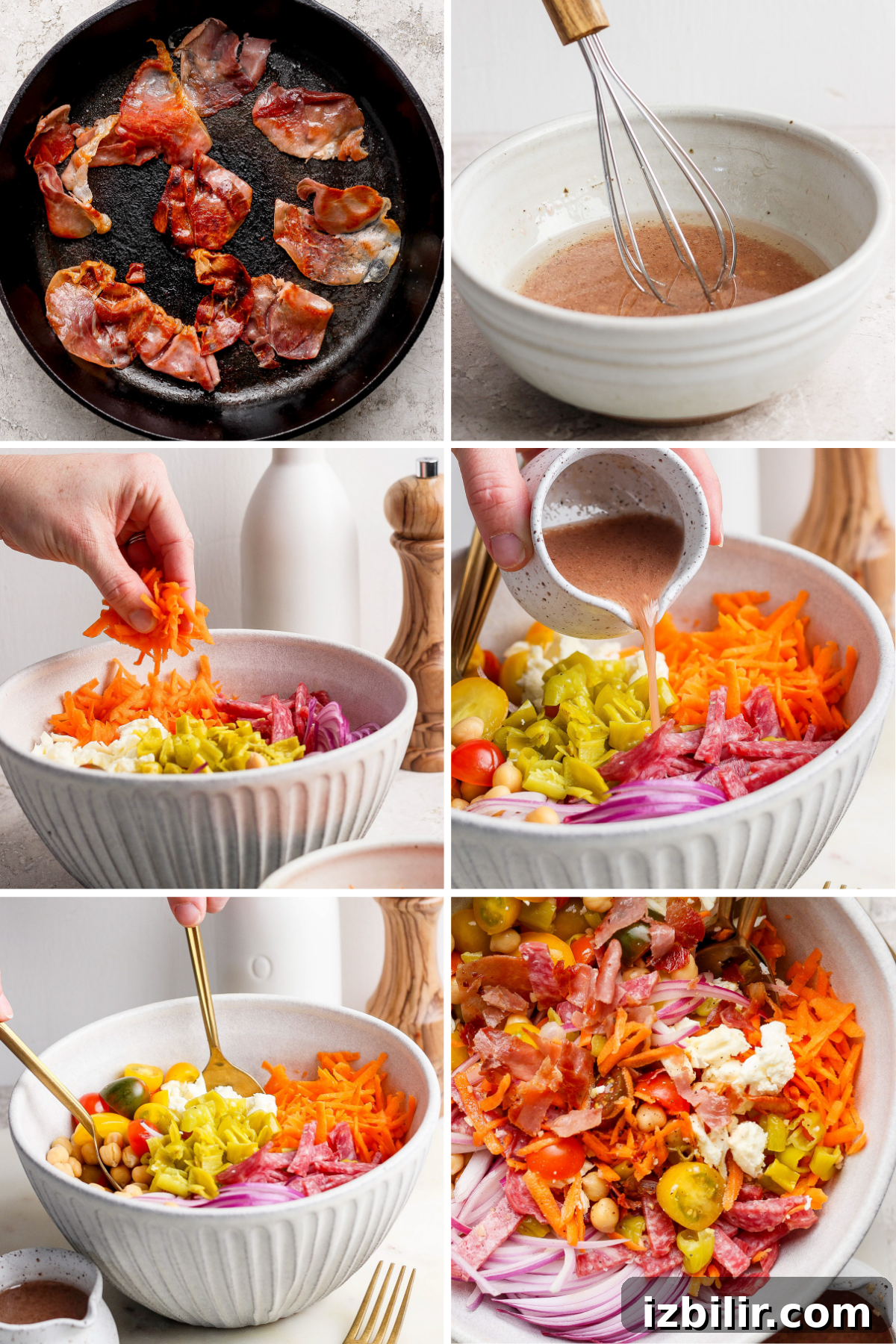 Salad preparation: cooked bacon in a skillet, dressing in a bowl, shredded vegetables being added to a salad, dressing poured over, and tossed salad with toppings in a white bowl.