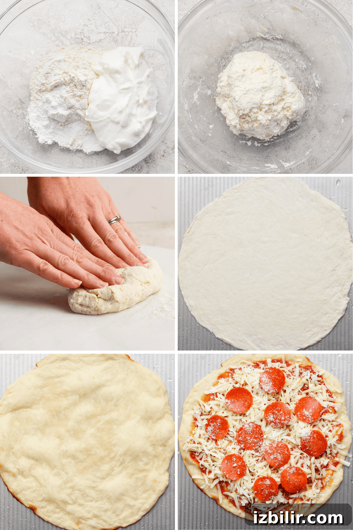 A sequence showing pizza dough preparation: ingredients in a bowl, mixed dough, kneading, rolled-out dough, baked crust, and finished pizza with pepperoni and cheese.
