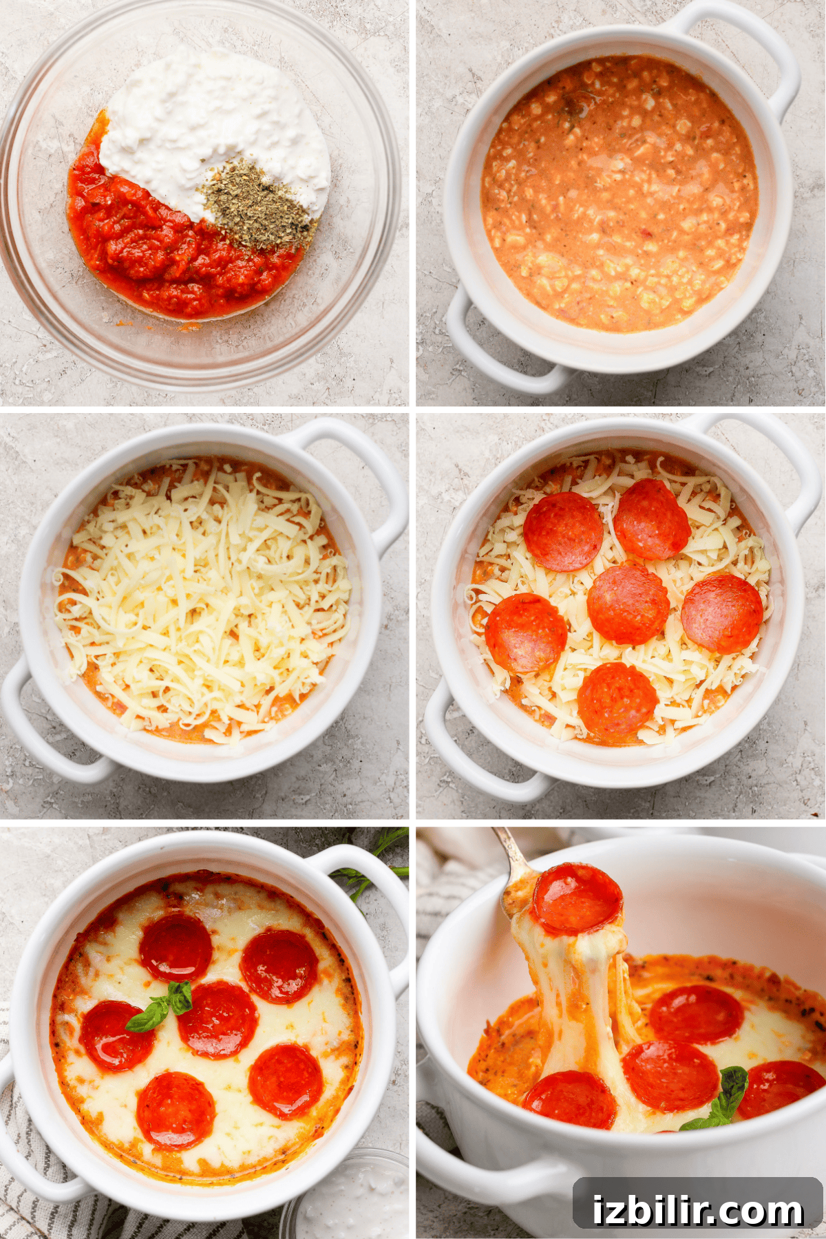 Single-Serve Cottage Cheese Pizza Bowl Recipe 3 Step-by-step photos of making a pepperoni pizza dip with cheese, sauce, and pepperoni, baked in a round white dish.