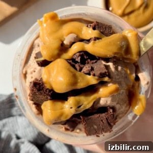 A bowl of chocolate ice cream topped with caramel sauce and chunks of chocolate brownies. A gold spoon is partially visible on the right.