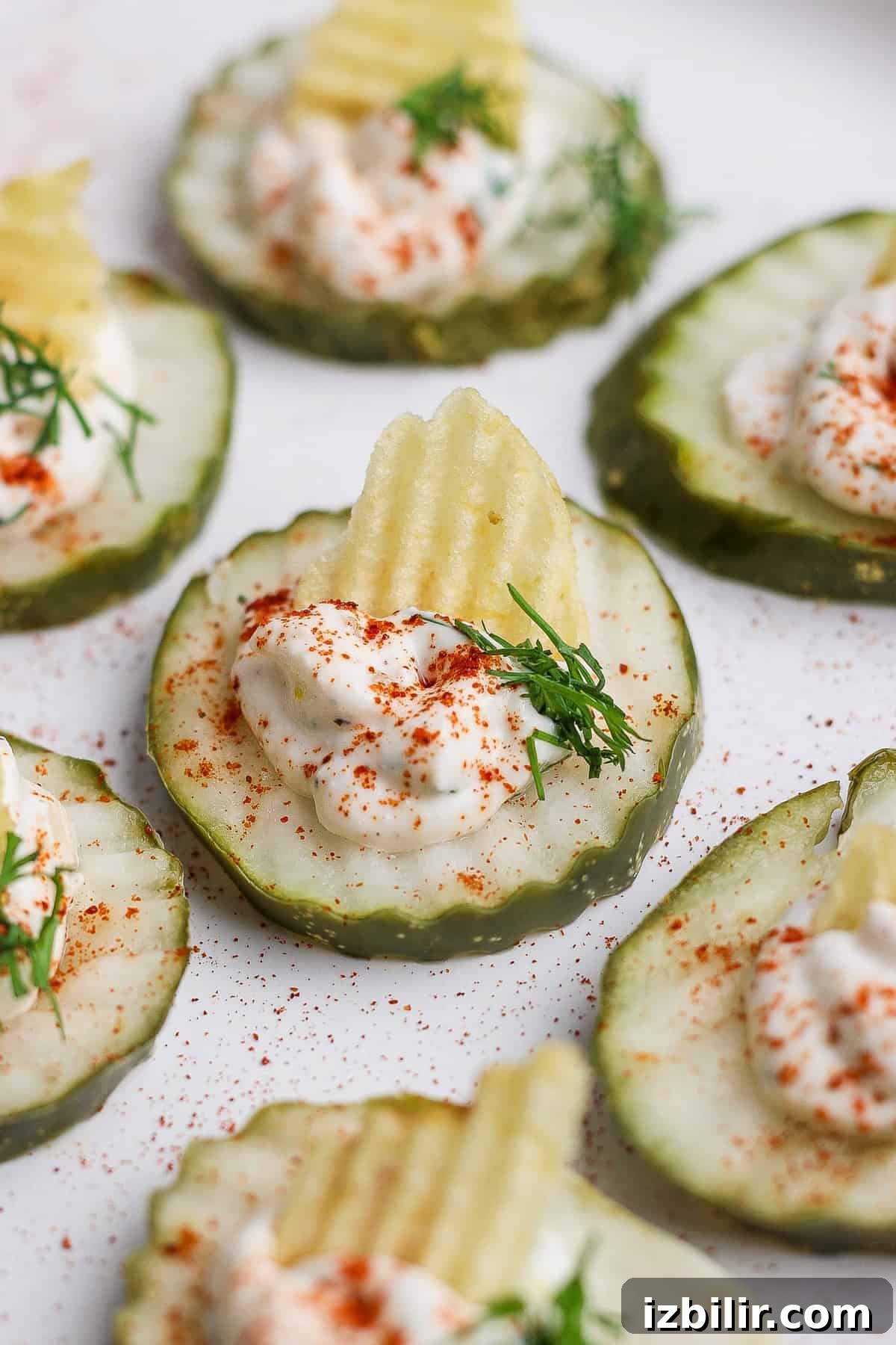 Dill pickle chips topped with creamy cottage cheese filling, paprika and a potato chip garnish.