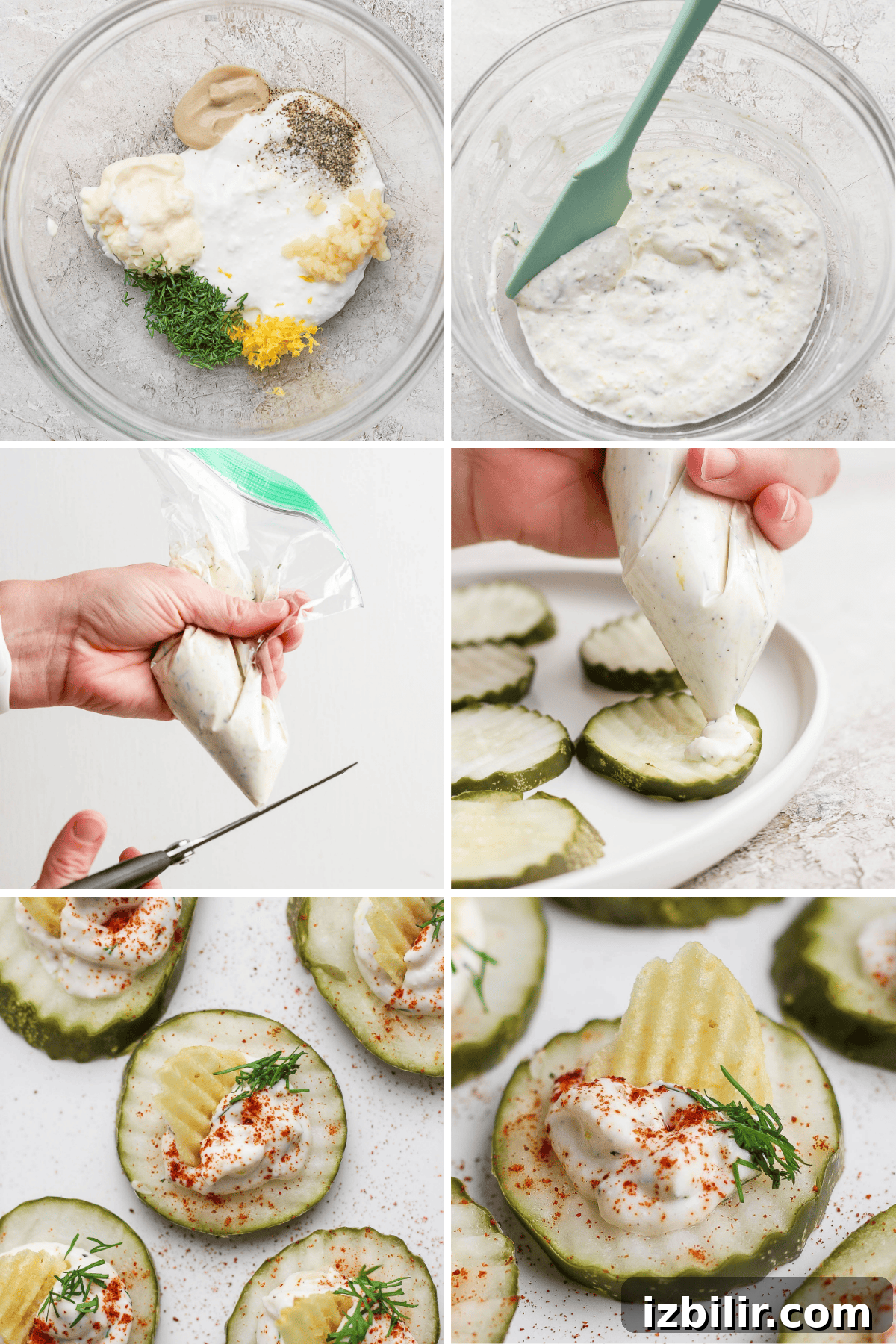Bowls with ingredients and the process of piping cottage cheese filling onto pickle chips.