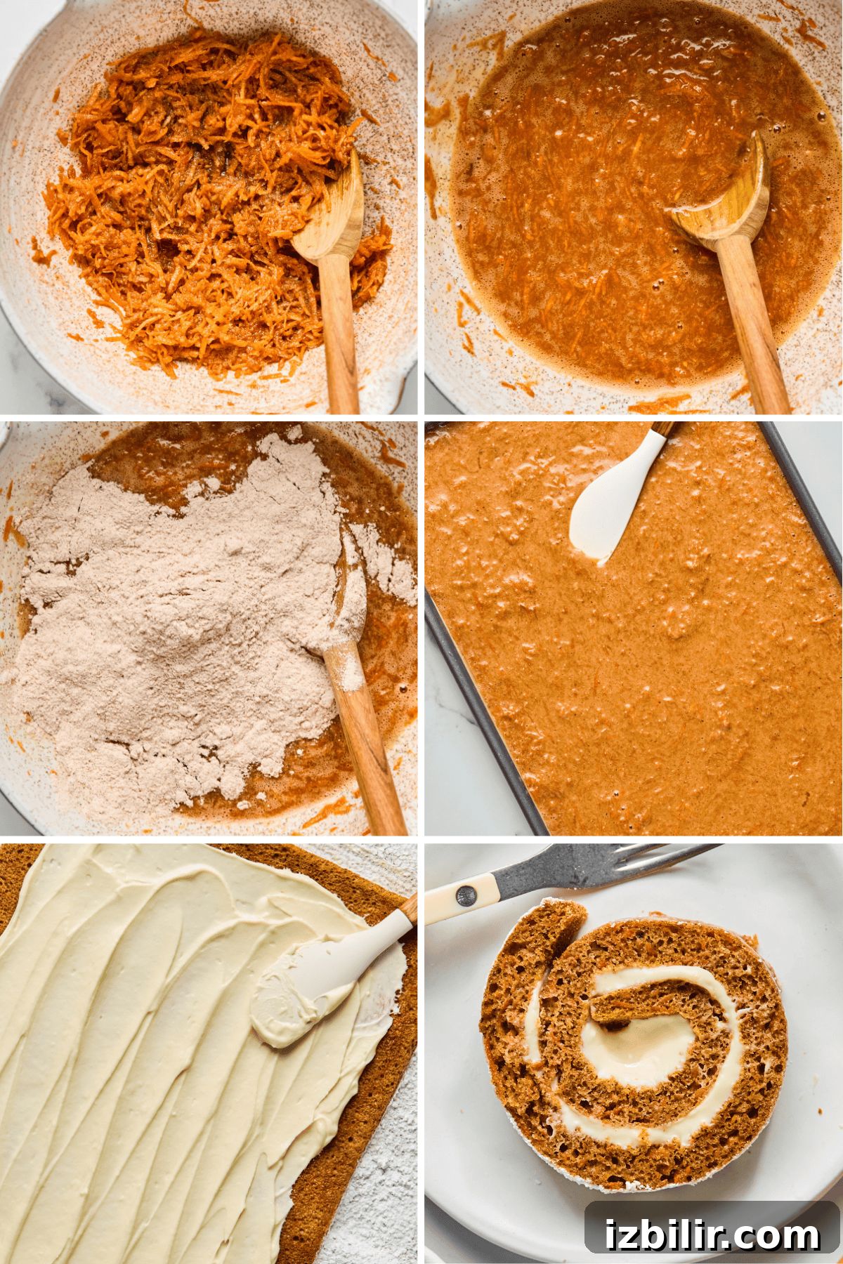 Carrot cake roll preparation steps: mixing shredded carrots, batter with spoon, adding flour, spreading batter in pan, applying frosting, and a sliced rolled cake on a plate.