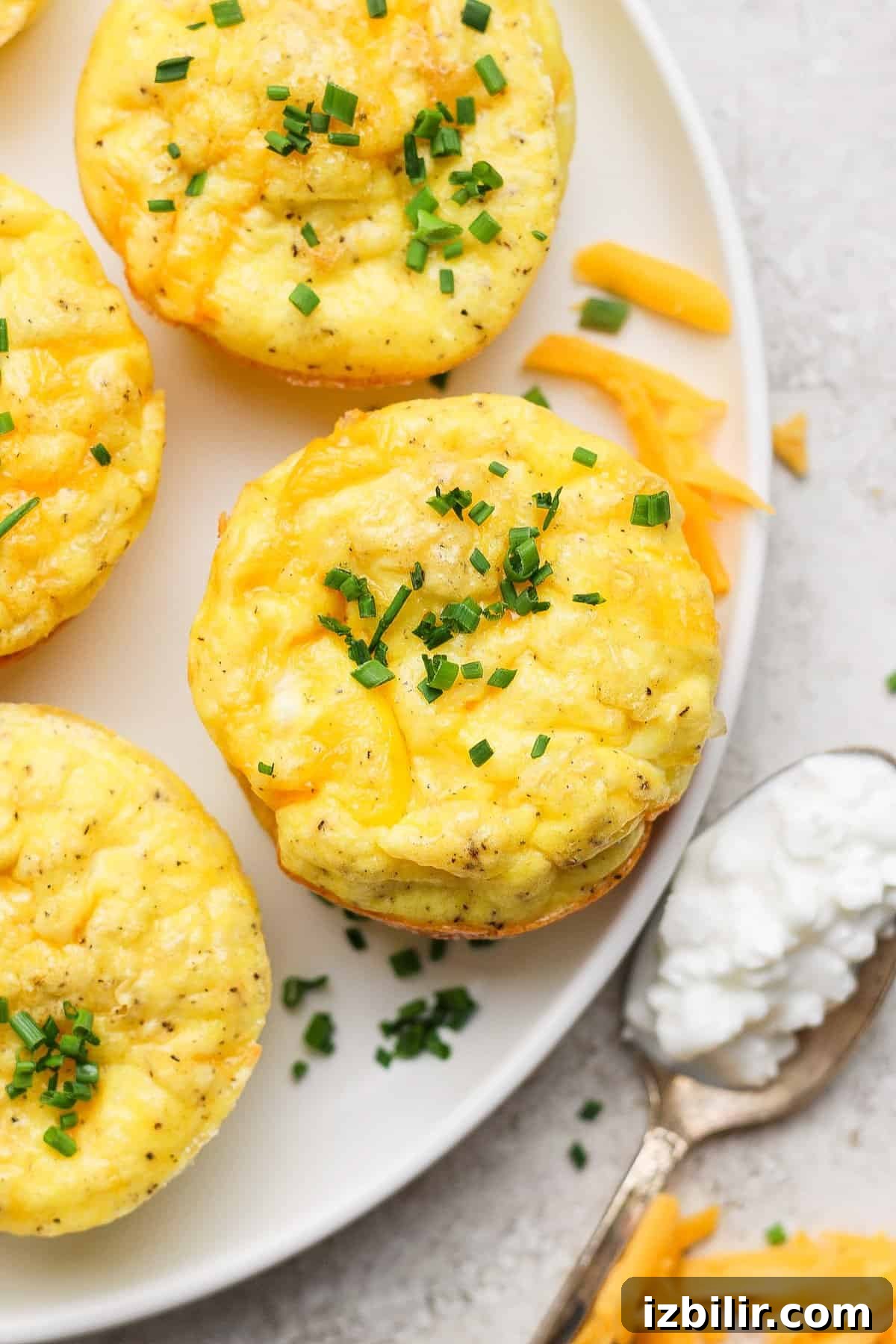 Creamy Cottage Cheese Baked Eggs Recipe 5 Egg muffins with cheese and chives on a white plate, accompanied by a spoon with cottage cheese and scattered cheese shreds.