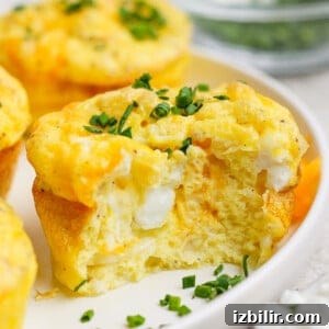 Creamy Cottage Cheese Baked Eggs Recipe 6 A baked egg muffin with a bite taken out, showing a fluffy texture and cheese inside, topped with chopped green onions on a white plate.