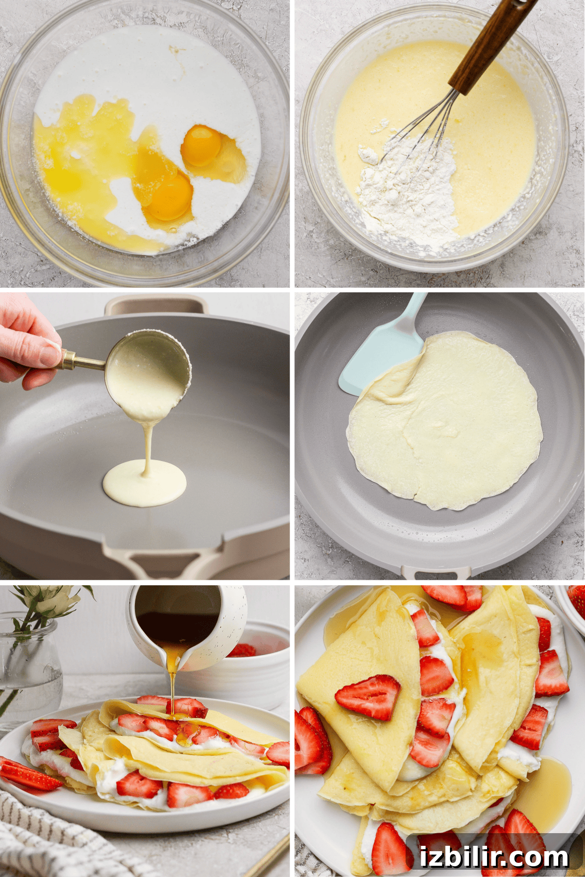 Step-by-step crepe making: mixing ingredients, adding batter to pan, cooking crepes, and serving with strawberries and syrup.