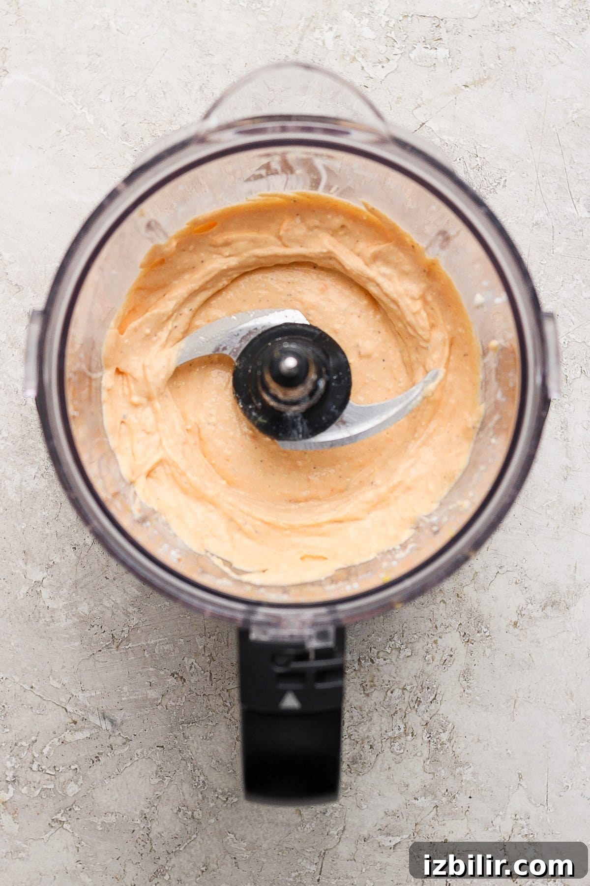 Roasted Red Pepper Pasta Salad with Cottage Cheese 4 Food processor with creamy orange hummus on a gray textured surface.