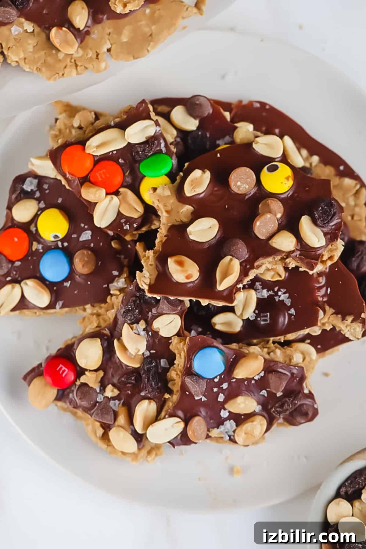 No-Bake Protein Cookie Dough Bark Recipe 4 A plate of peanut butter and chocolate bark topped with colorful candy-coated chocolates, peanuts, and sea salt flakes, on a white surface.