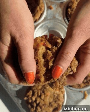 Hands with orange nail polish gently split an apple crumble muffin over a tray filled with cottage cheese carrot cake muffins.