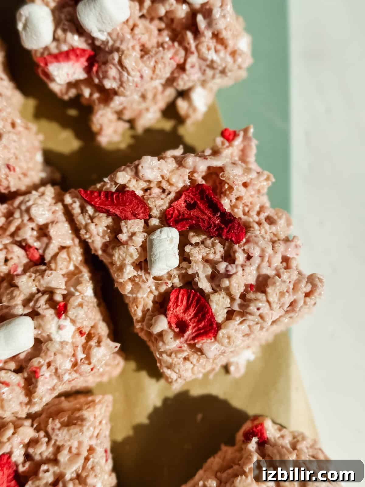 Close-up of cereal treats with red dried fruit pieces and small marshmallows on a light surface.