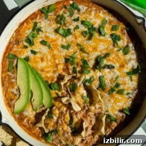 Creamy Ground Beef Queso with Cottage Cheese 4 A baked dish topped with melted cheese, garnished with sliced avocado and fresh herbs, next to tortilla chips.