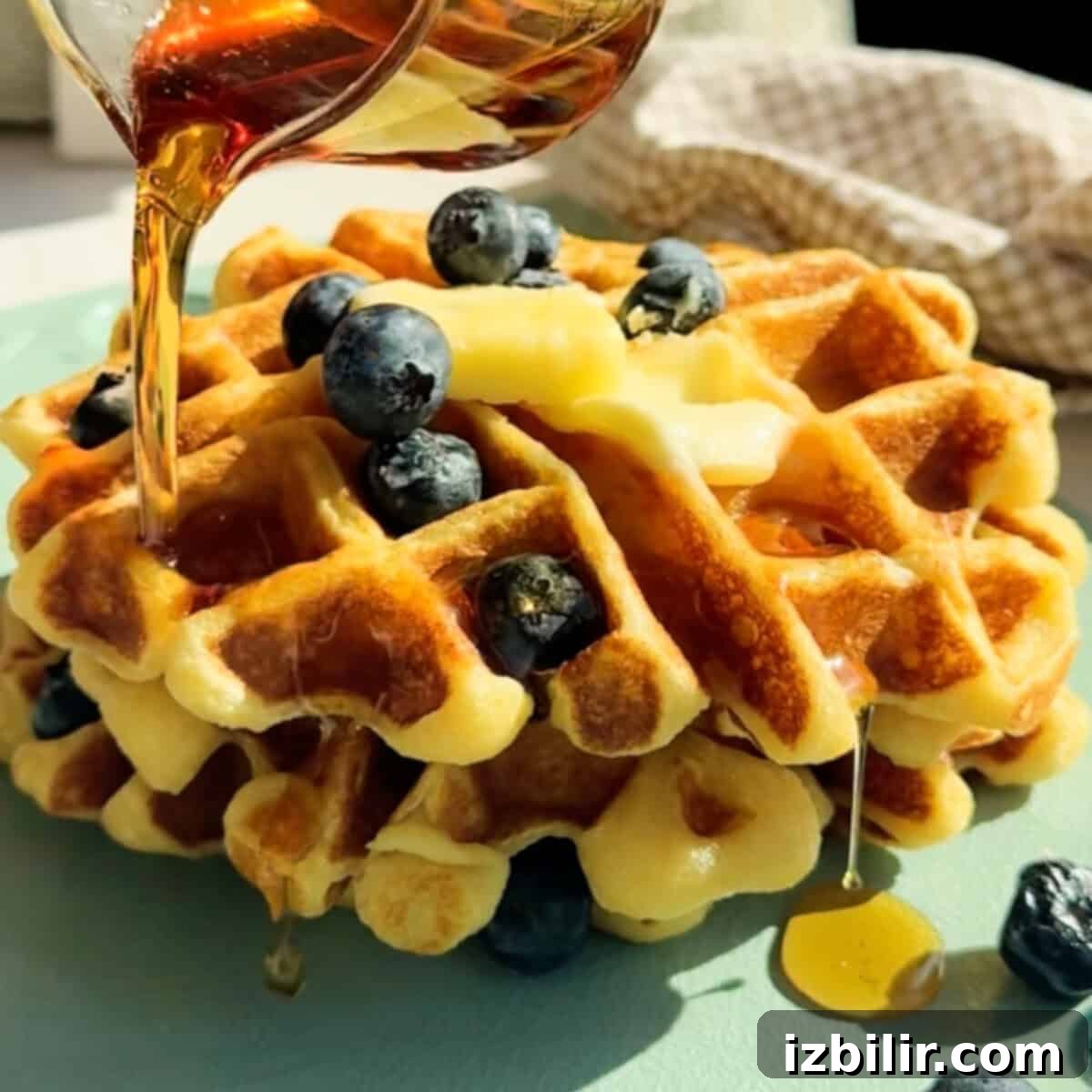 Fluffy Cottage Cheese Waffles Recipe for Brunch 3 Cottage cheese waffles with blueberries and melting butter are being drizzled with syrup on a light green plate.