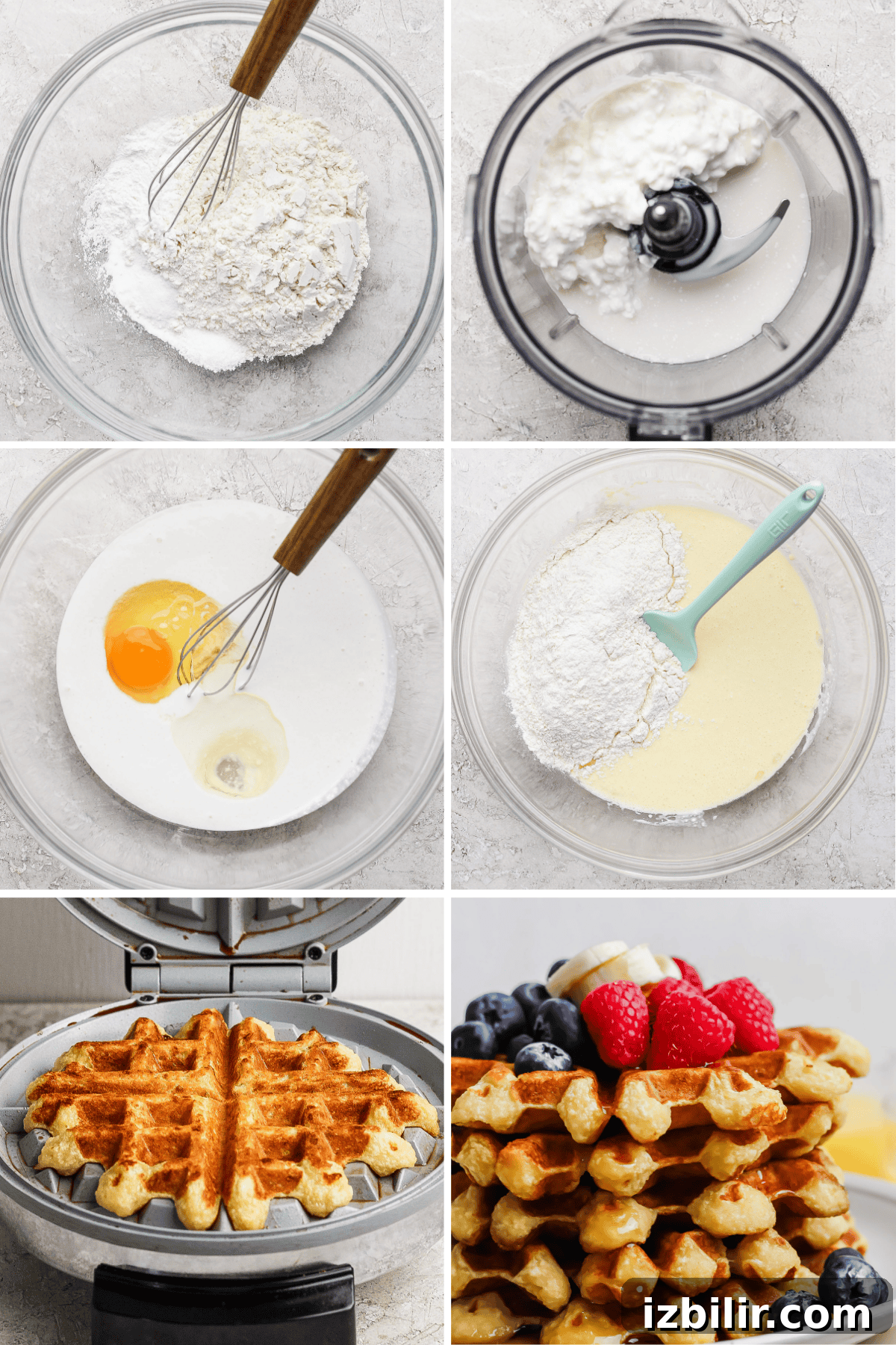 Fluffy Cottage Cheese Waffles Recipe for Brunch 4 Collage showing the waffle-making process: mixing dry and wet ingredients, blending with egg, combining mixtures, and pouring batter into a waffle maker. The final touch showcases stacked cottage cheese waffles adorned with berries.