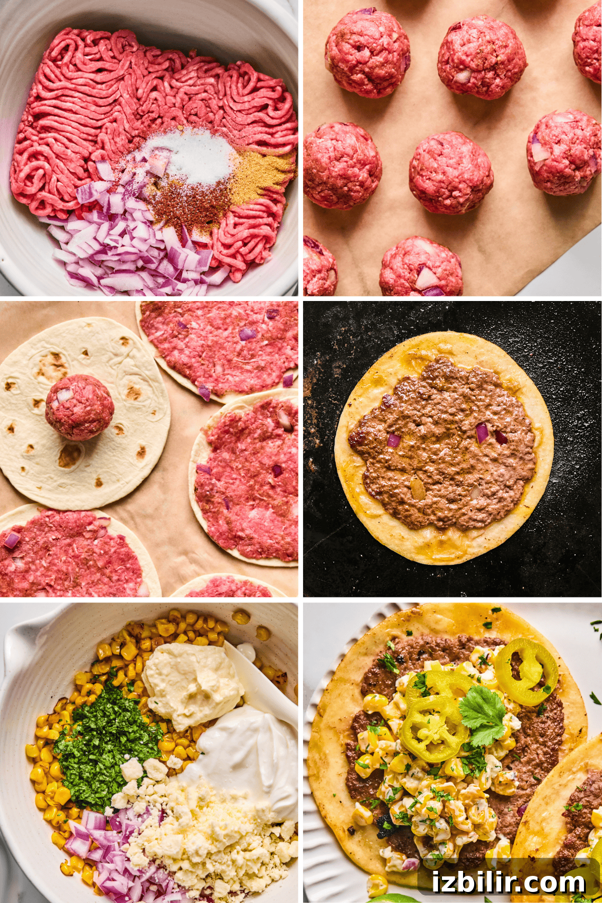 Street Corn Smash Tacos with Cotija and Lime 4 Collage showing steps for making tacos: ground beef with spices, meatballs, raw tortillas with meat, cooking on a griddle, mixing corn and toppings, finished taco with toppings.