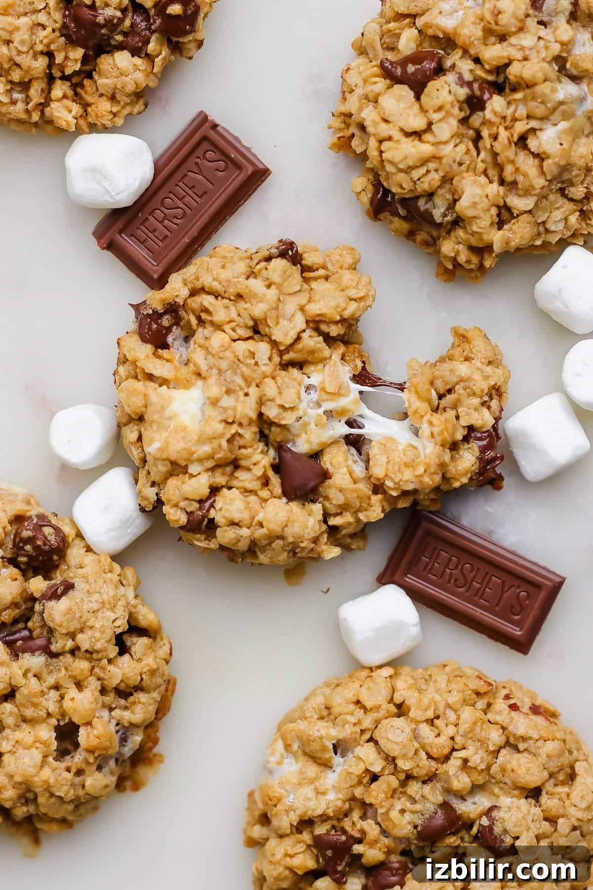 Crunchy Peanut Butter S'mores Cookies Recipe 2 Oatmeal cookies with chocolate chips and melted marshmallows, surrounded by mini marshmallows and chocolate chunks on a marble surface.