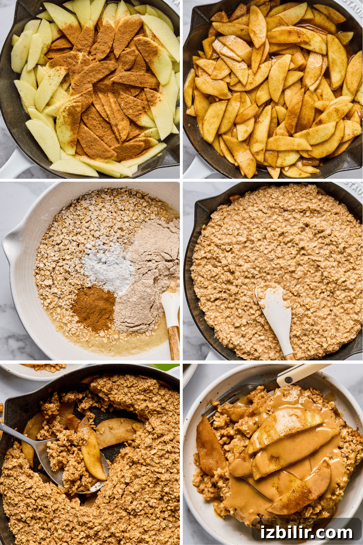 Baked Apple Oatmeal with Peanut Butter Caramel Sauce Recipe 3 Step-by-step images showing apples, oats, assembling and baking the apple oatmeal.