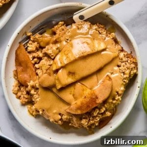 Baked Apple Oatmeal with Peanut Butter Caramel Sauce Recipe 6 A bowl of apple crisp topped with sliced apples and a generous drizzle of nut butter.