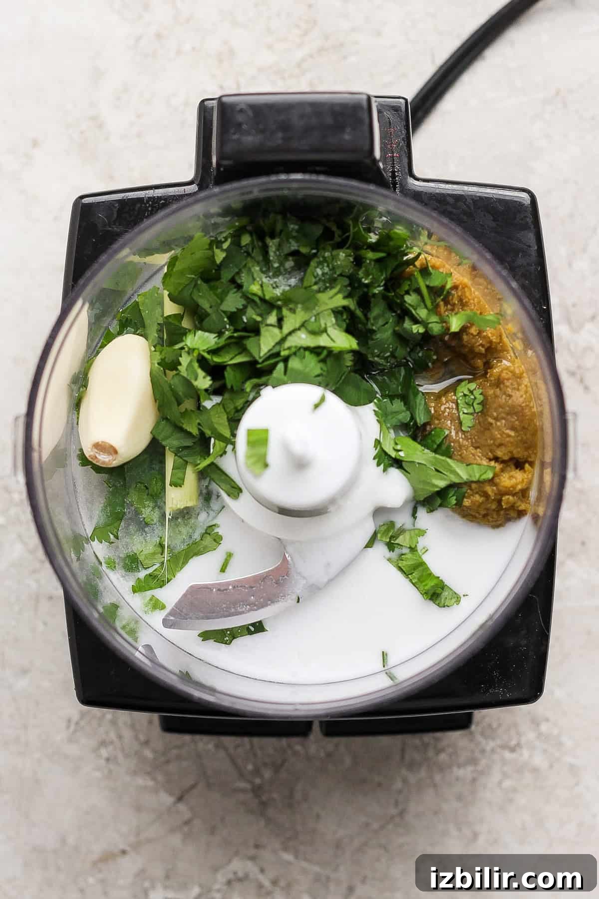 Food processor with coconut milk, cilantro, garlic, ginger, and a green paste ready to be blended.