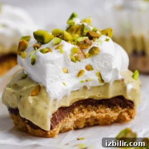 A dessert bar with a crumbly base, chocolate layer, creamy filling, whipped topping, and chopped pistachios, with a bite taken out of it.