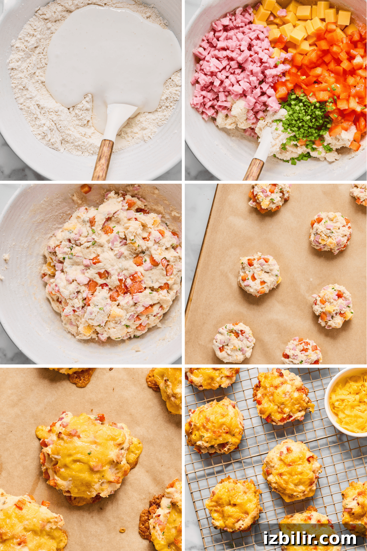 Step-by-step images show how to make savory breakfast biscuits with flour, cream, diced ham, cheddar, bell pepper, and jalapeño—mixed together, portioned onto a tray, baked golden brown, and cooled on a rack.