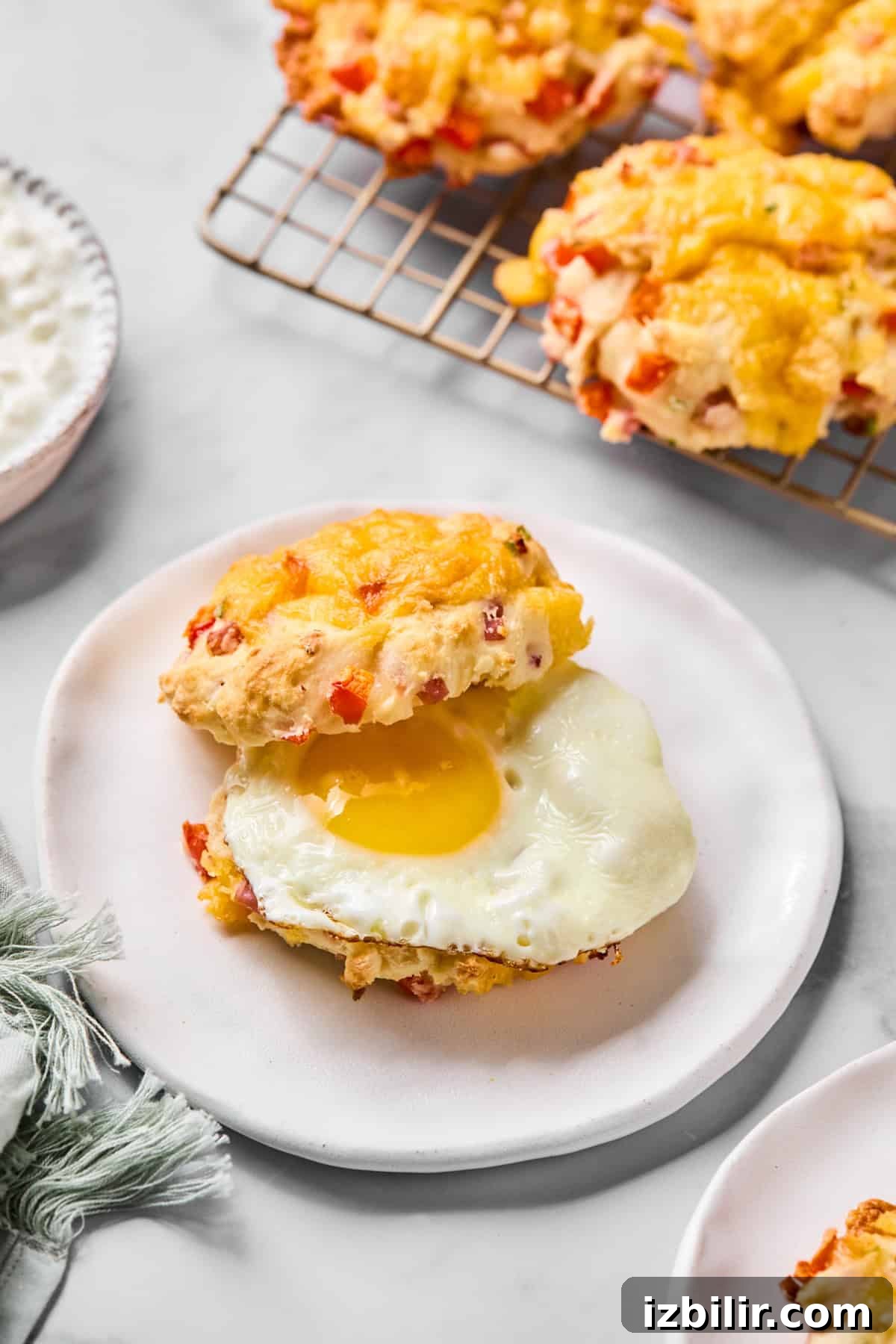 A breakfast sandwich with a fried egg inside a cheddar and red pepper biscuit, served on a white plate, with more biscuits on a cooling rack in the background.