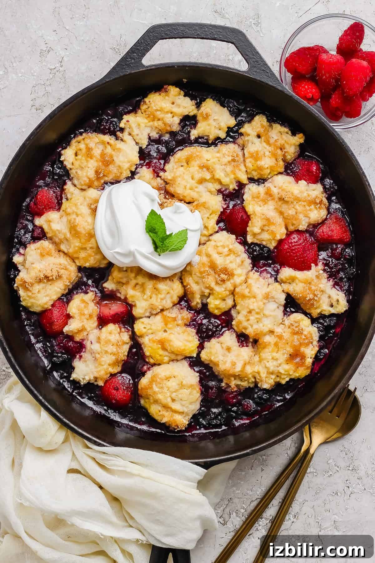 Creamy Cottage Cheese Berry Cobbler Recipe 2 A skillet of mixed berry cobbler topped with golden biscuit dough, a dollop of whipped cream, a mint garnish, and a side of fresh raspberries.