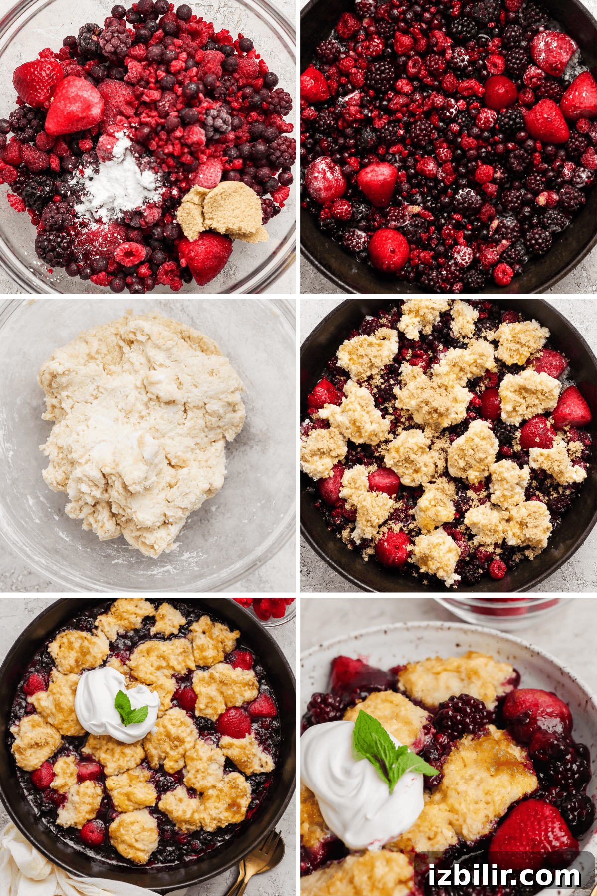 Creamy Cottage Cheese Berry Cobbler Recipe 3 Step-by-step images show the process of making a berry cobbler, from mixing berries and dough, to baking, and serving with whipped cream and a mint garnish.