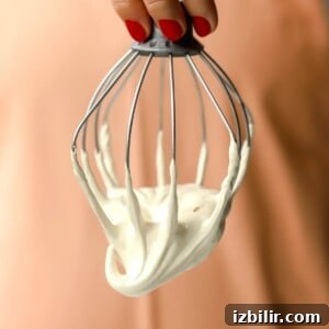Homemade Maple Marshmallow Fluff Recipe 5 A hand with red nail polish holds a metal whisk covered in thick, maple marshmallow fluff against a peach-colored background.